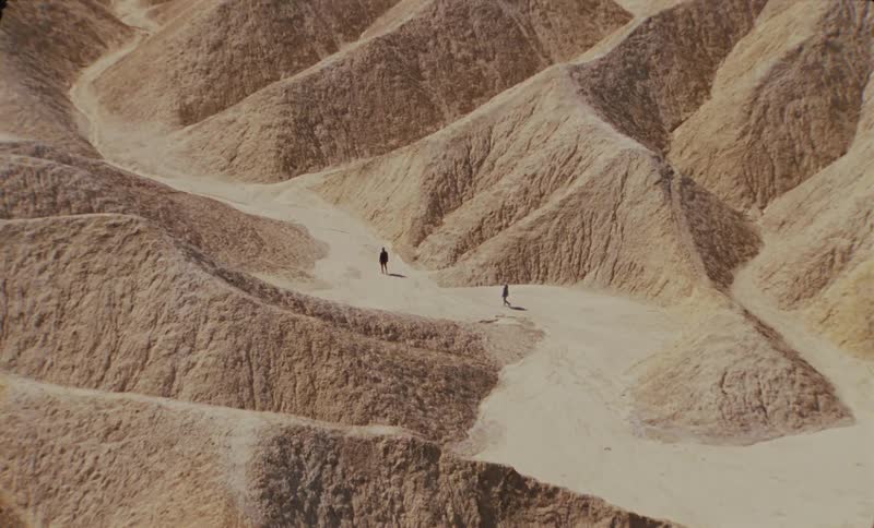 Two people walking amidst golden desert dunes