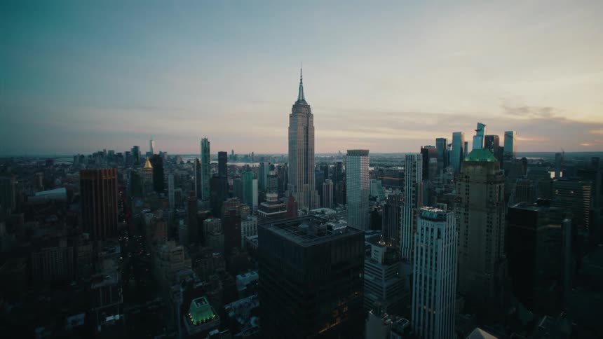 A city skyline at dusk