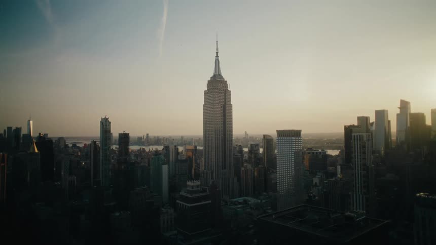 A city skyline at dusk