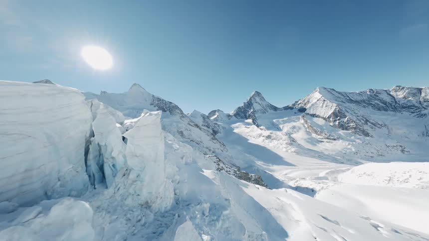 Aerial panorama of glaciers and mountains in switzerland