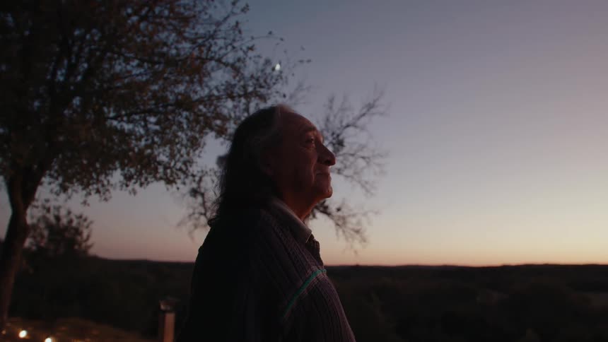 Man watching the sunrise standing up outdoors next to vegetation