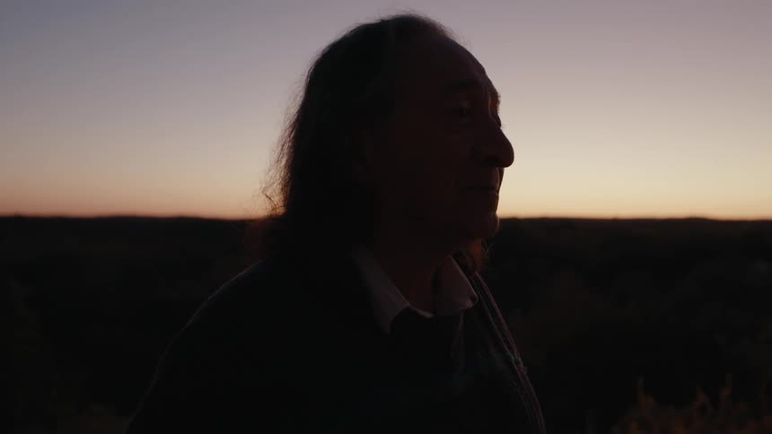 A person stands outdoors during sunset silhouetted against a gradient sky
