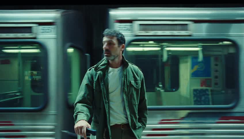 Man holds the handle to his rolling luggage while waiting for the subway to stop