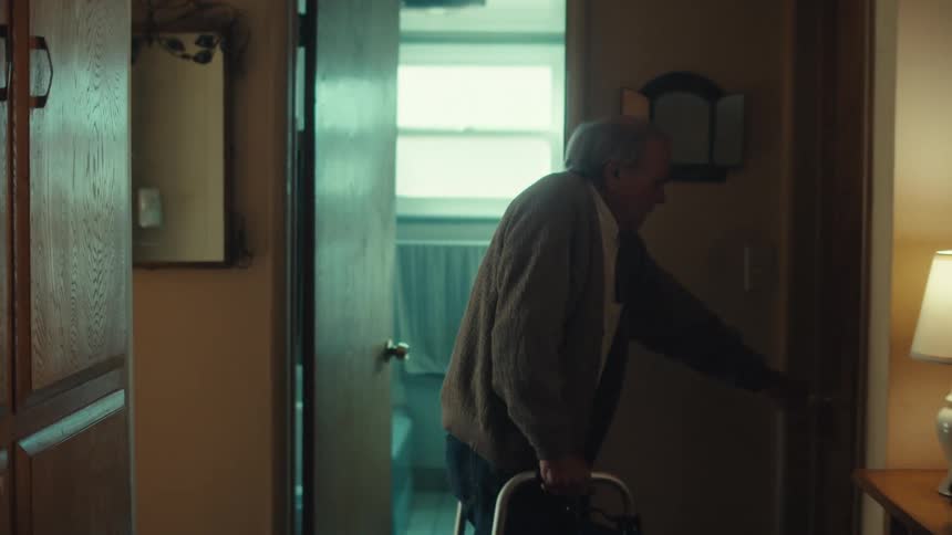 Elderly man walking down a hallway and entering a room in the house