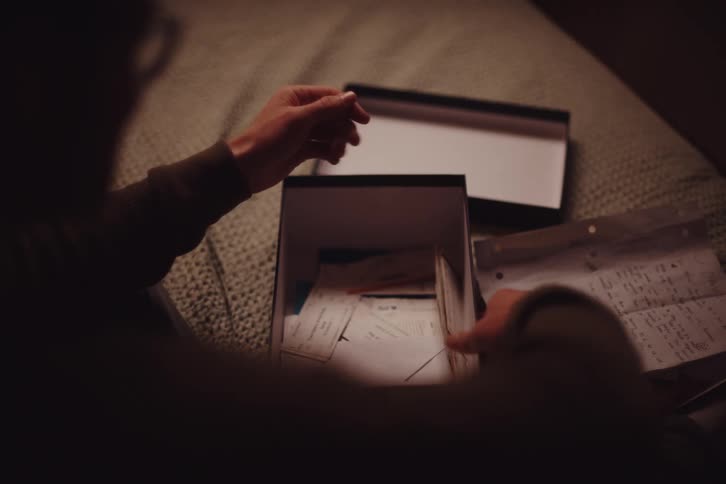 Woman sitting on a bed reading letters from a box and gesturing frustration with her hands indoors