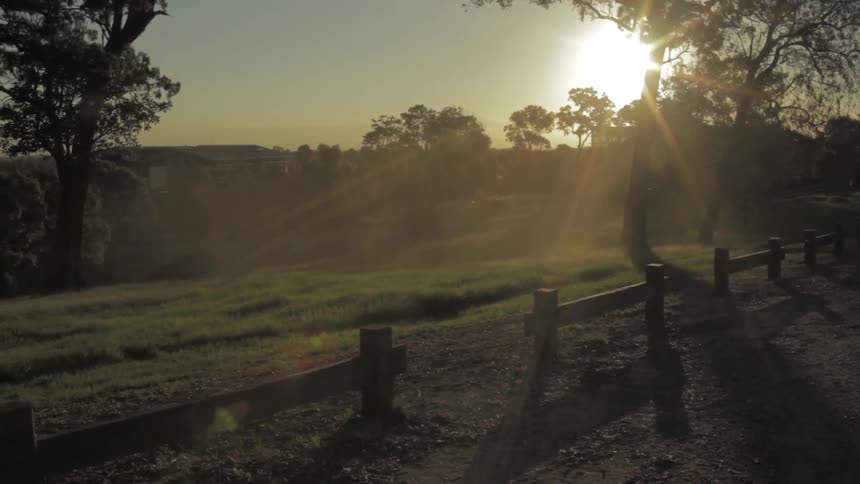 Sun is shining over a field and fence