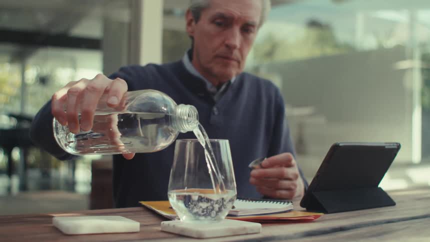 A middle aged man pours water from a bottle into a glass while sitting at an outdoor table with a tablet and notepad