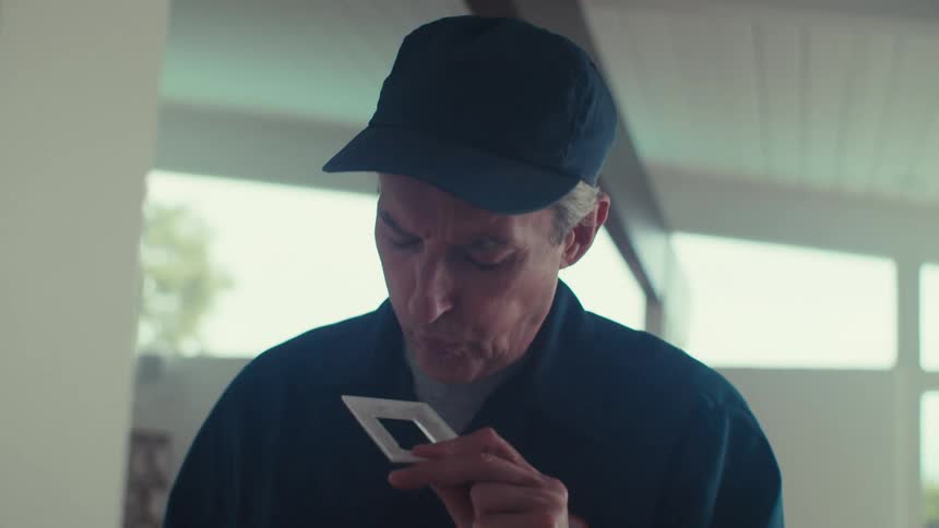 Man in a blue jumpsuit and nametag blows on a card before lowering it again