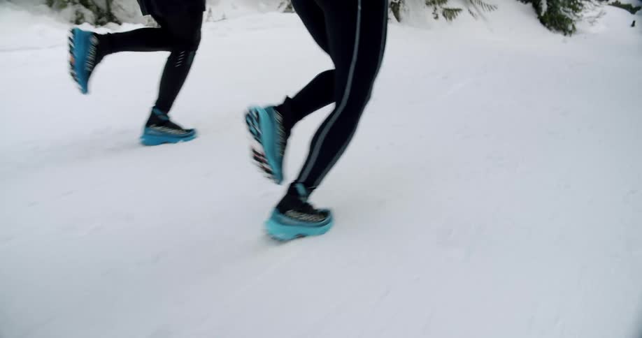 Two adults wearing black and blue clothing are running in the snow on a winter day