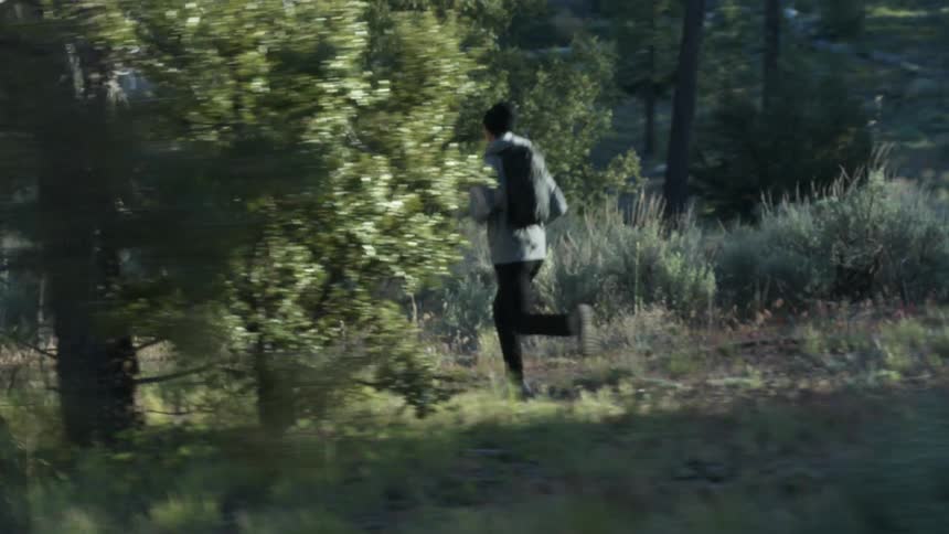 An adult wearing a backpack runs in an evergreen forest on a summer day