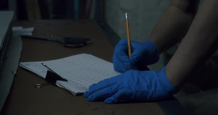 Pair of hands with disposable blue gloves writing with a pencil in a notebook