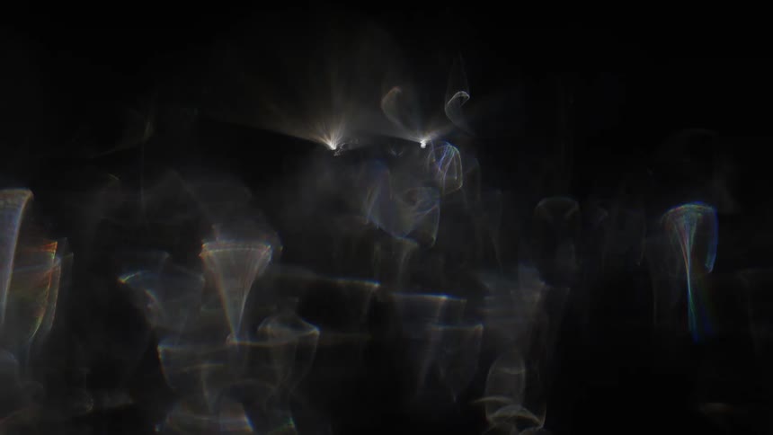 A dark background with abstract iridescent shapes and light streaks