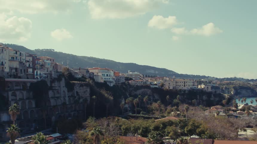A picturesque coastal town in italy with buildings perched on a cliffside surrounded by lush greenery and palm trees near the coast