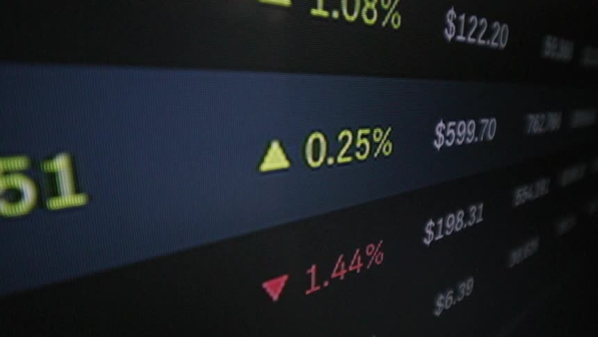 The stock market ticker displays slight increases and decreases in stock prices