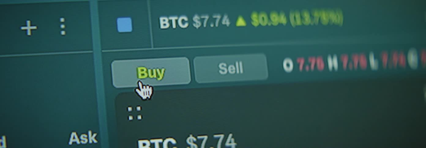 A cryptocurrency trading interface showing options to buy and sell bitcoin