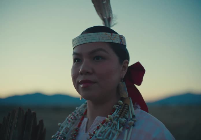 A woman adorned with traditional attire and jewelry gazes into the distance at sunset