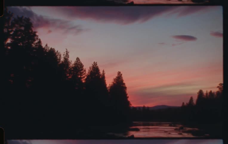 A sunset is shown above a path with silhouettes of pine trees lining it