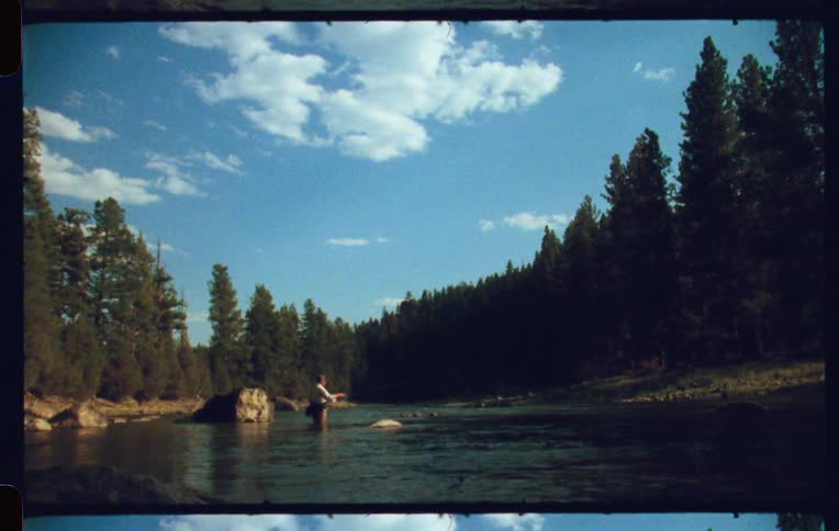 Person in a river fishing in the water with conifers around