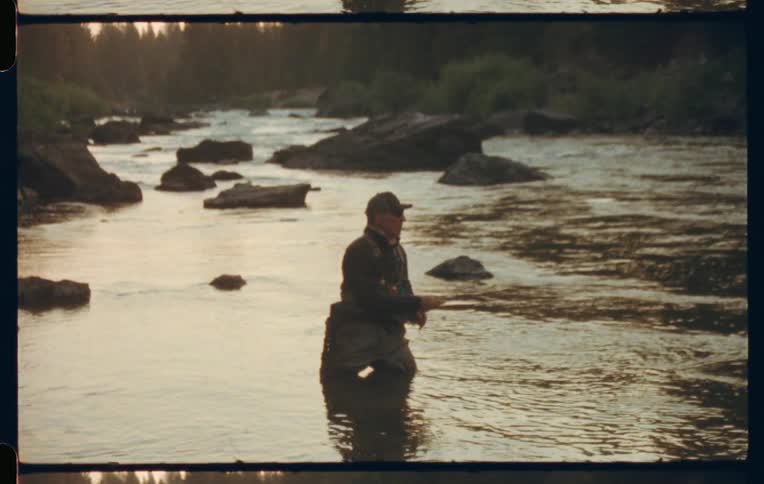 A person is fly fishing in a shallow river wading in the water up to their waist