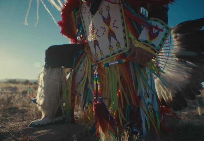 Person in a field wearing native american attire