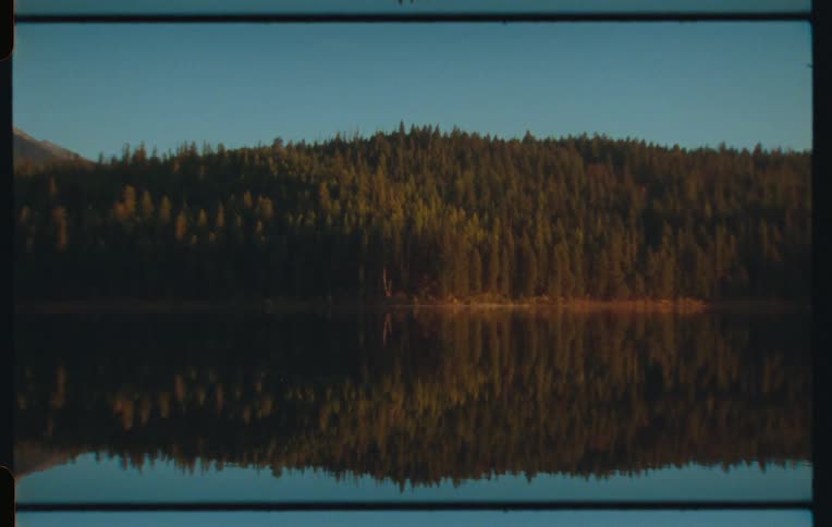 A calm lake reflecting a line of trees along the shoreline a clear light blue sky is visible above
