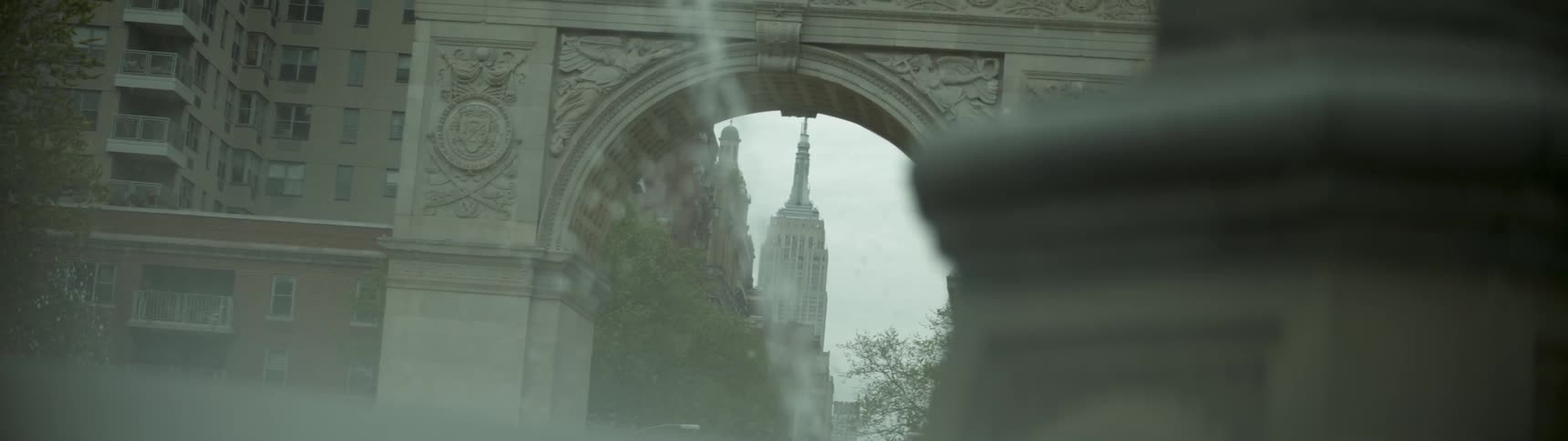 Water shoots out from a city fountain