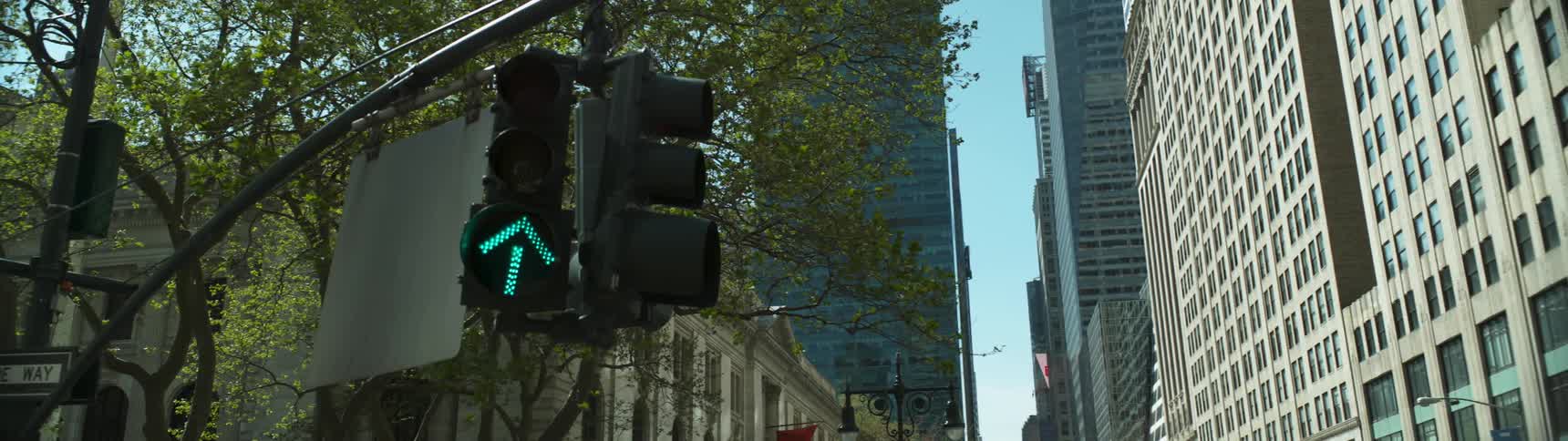 A stoplight shines green with an upward pointing arrow