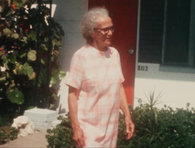 An elderly woman walking towards another who is holding a bag and has her hand inside the window of a parked car