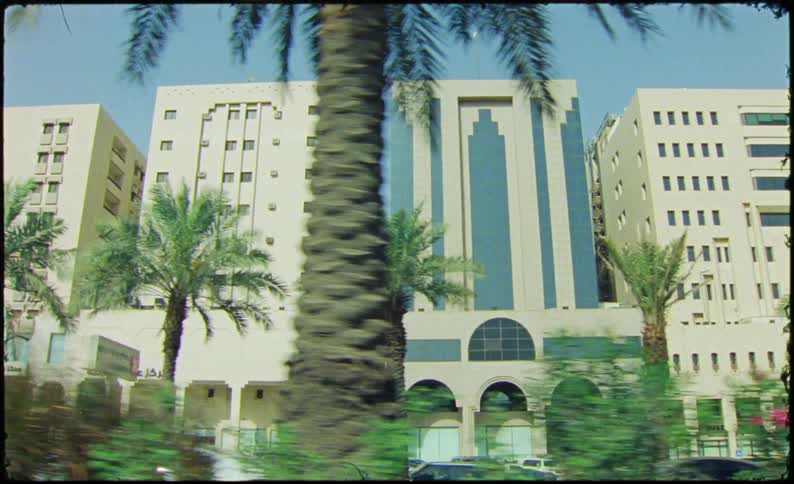 Tall buildings with a modern facade surrounded by palm trees and other buildings in what appears to be an urban setting