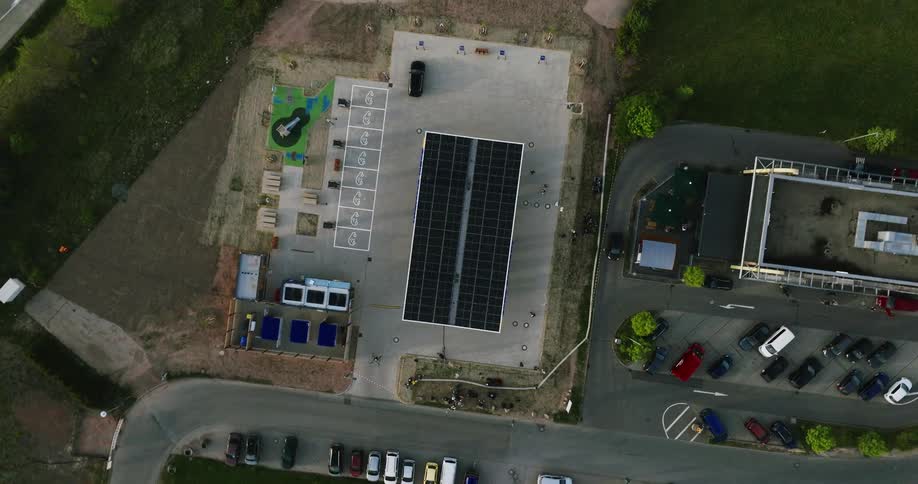 Aerial view of an establishment with people walking around
