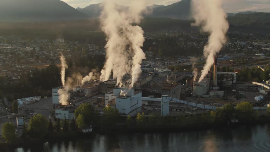 A large pulp mill sits by the coastline at sunrise