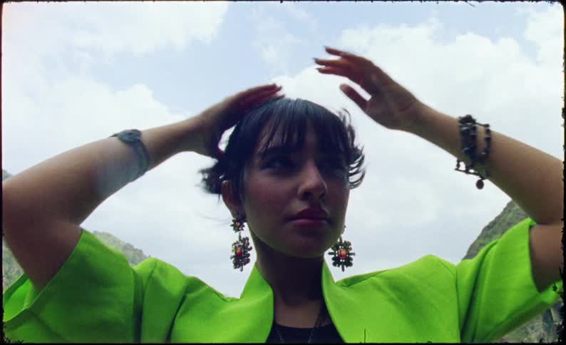 A close up of a female model