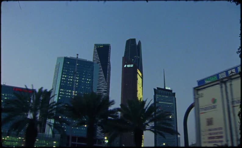 A row of illuminated skyscrapers against a twilight sky with palm trees in the foreground