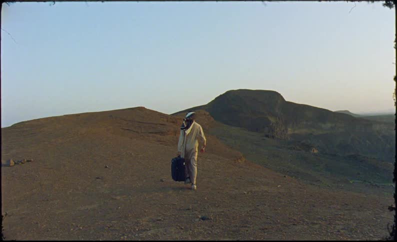 A person is carrying a suitcase and walking through a deserted landscape