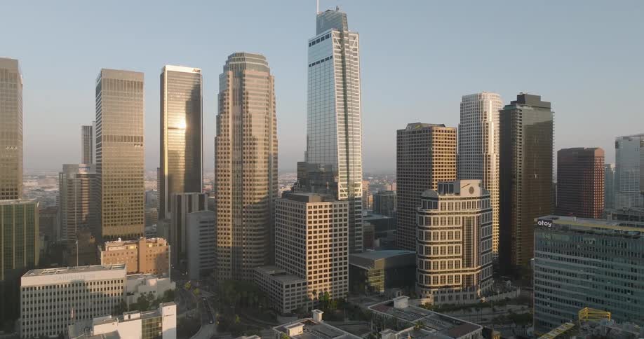 An aerial view of the city with a lot of skyscrapers