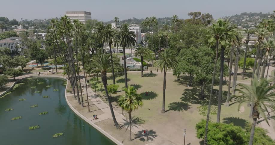 Aerial view of a park with a lake surrounded by tropical palm trees and houses in the background