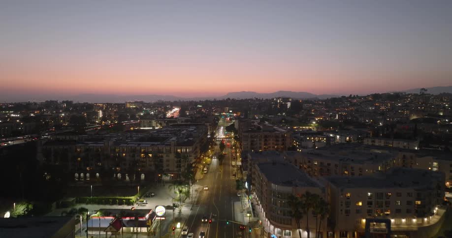 Aerial panorama of a metropolis with purple sky and mountains on the horizon