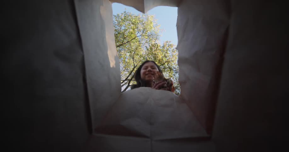 Girl throwing dry leaves into a cardboard bag