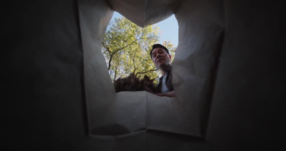 Man throwing dry leaves into a cardboard bag