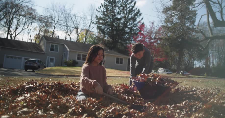 Two children playing in the yard with dry autumn leaves