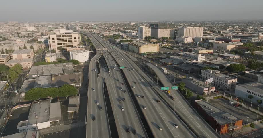 An aerial clip of a citys road channel