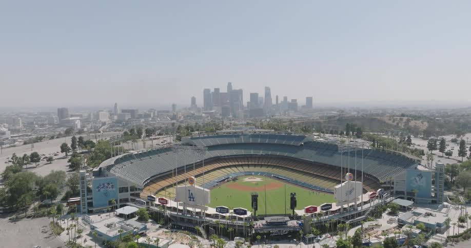 Aerial of dodger stadium with los angeles skyline in the distance