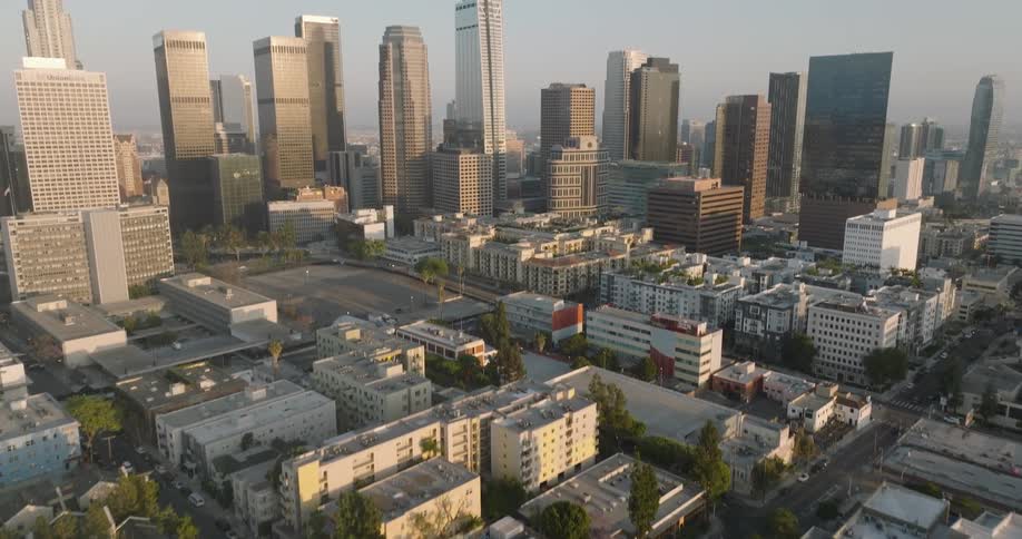 Aerial view of an urban neighborhood surrounded by a metropolis with skyscrapers