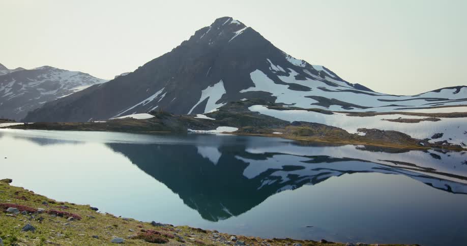 A serene mountain lake reflects the majestic peak of a snowcapped mountain under a clear sky