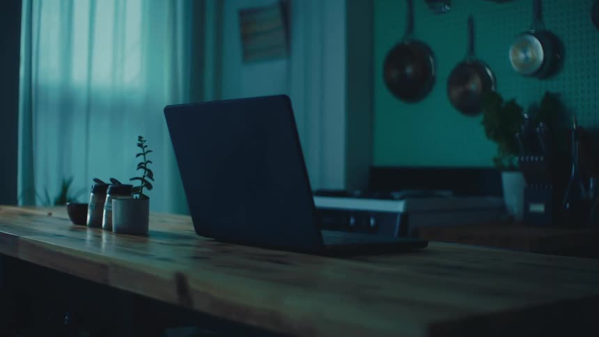 A woman walks past a laptop on a counter