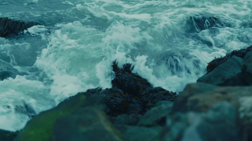 Waves crash against mossy rocks in the ocean