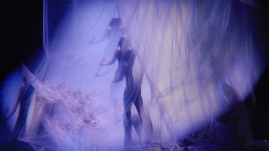 A woman is dancing behind a curtain