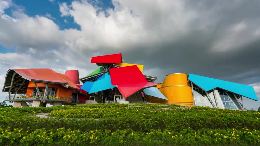 Colorful and modern structure surrounded by greenery