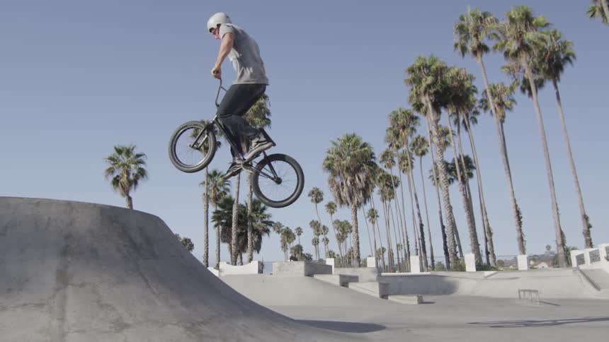 A boy performing a bike trick on an obstacle course surrounded by palm trees