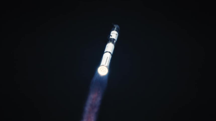 A rocket launches into space